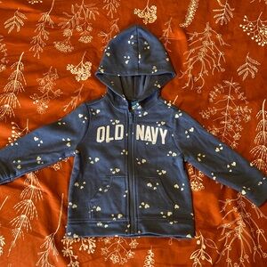Old Navy Blue Zip Up Hoodie with White Heart Pattern 12-18 months